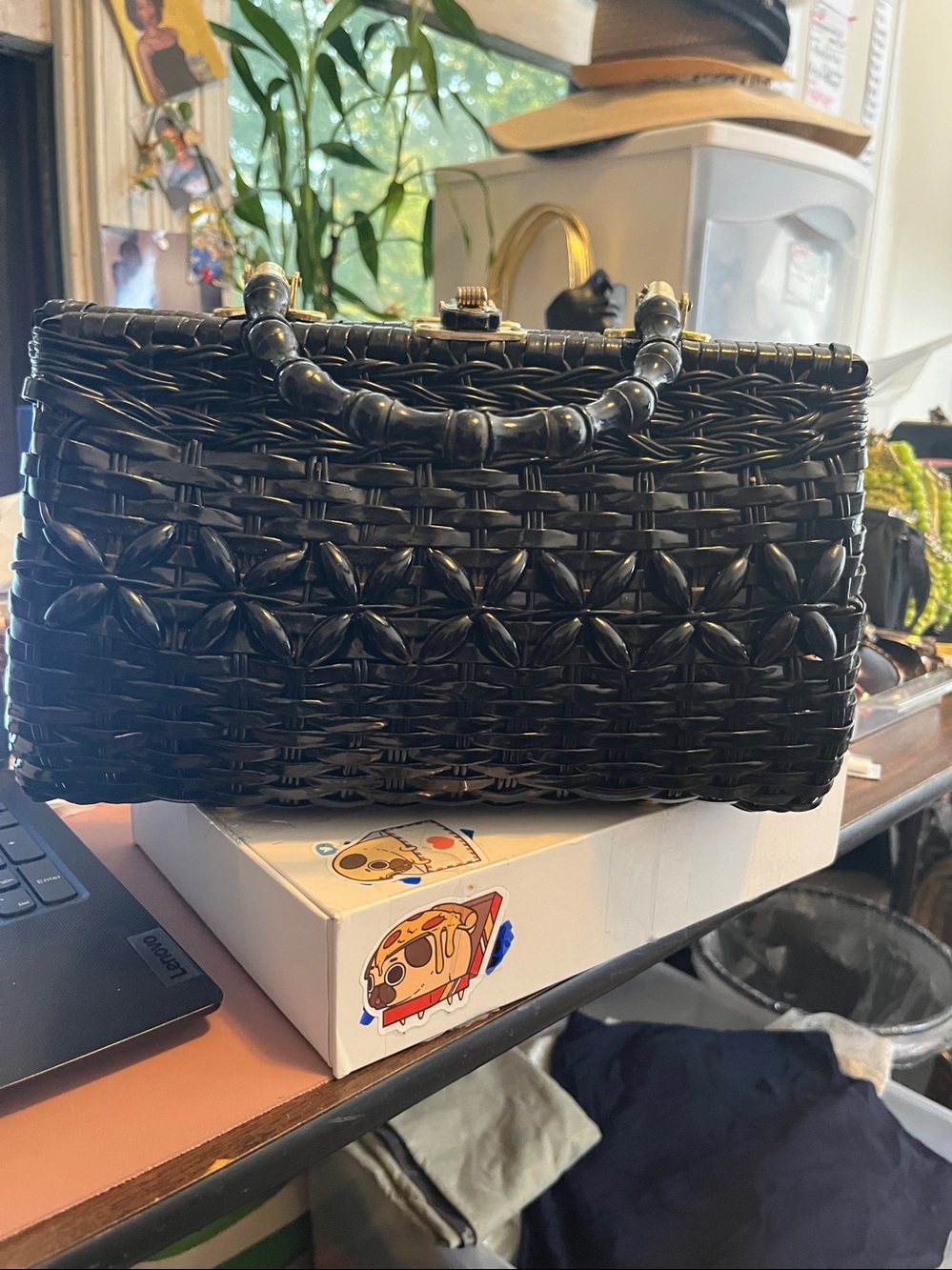 (1950/1960) Vintage Coated Wicker Black Handbag